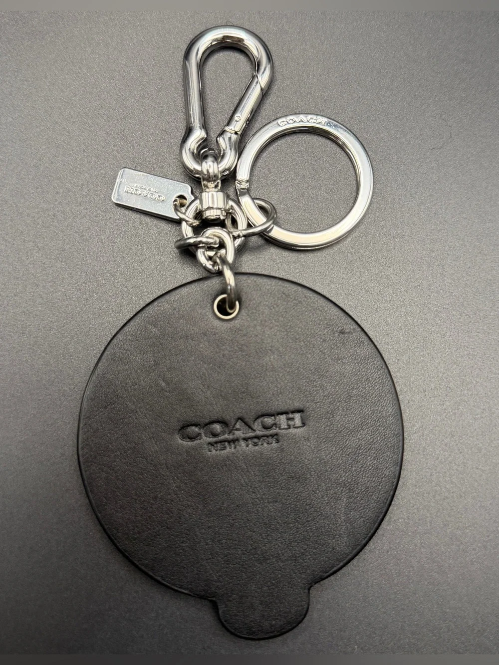 Coach Black Leather Emoji Keychain with Yellow Lightning Eyes & Red Tongue